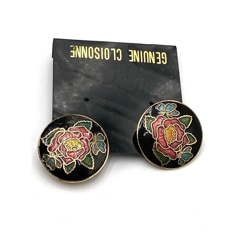 Cloisonné Earrings Clips Clip Ons Gold Tone on the card